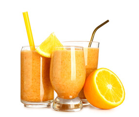Glasses of healthy orange smoothie isolated on white background