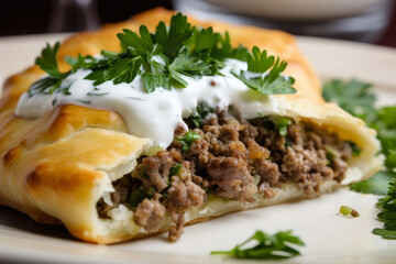 delectable close-up of bourekas bursting with spicy ground lamb, fresh parsley, and cilantro, served with a dollop of tangy tzatziki sauce, generative ai