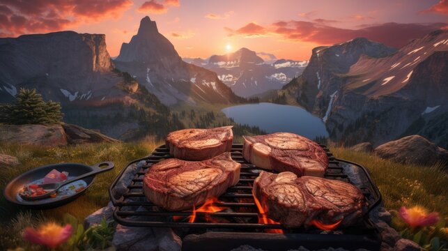 Mountain Retreat: Sizzling Steaks and Campfire, AI-Generative
