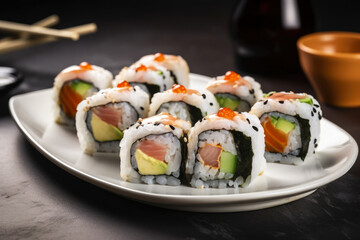 Colorful sushi rolls arranged on a white plate with chopsticks and soy sauce in the background, generative ai