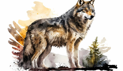 wolf, animal, watercolor illustration isolated on a white background. Generative AI illustration