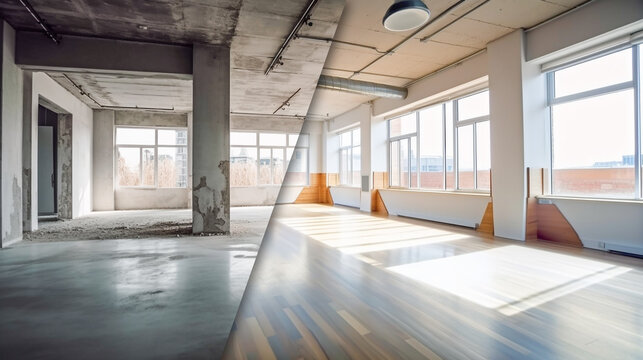Large Industrial Office Building Before And After Cleanup and Construction - Generative AI.