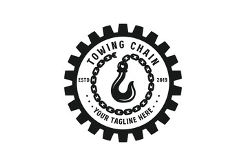 Vintage Heavy Gear with Chain Towing Crane Hook for Construction Industry Machine or Car Service Logo Design