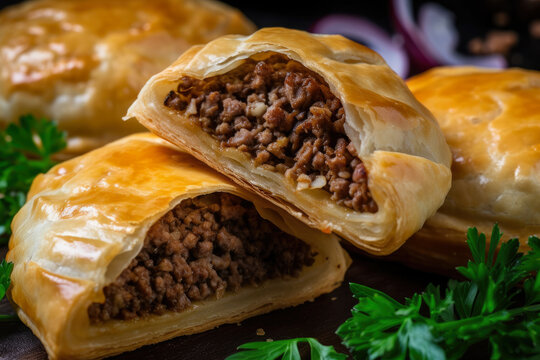 close-up view of a freshly baked bourekas filled with spiced ground beef and aromatic herbs, with a crispy exterior and steam rising from the center, generative ai
