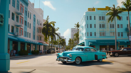 Buildings in Miami Beach, Florida, art deco area with a vintage car. Generative AI - obrazy, fototapety, plakaty