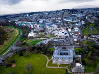 Aerial view of Scottish Parliament in Edinburgh, located on the Royal Mile in the Canongate