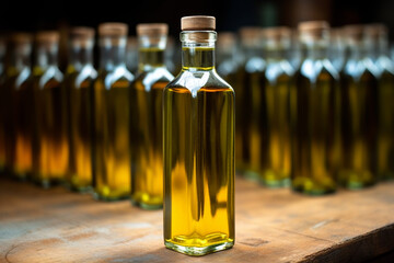 Olive oil in a glass bottle on a shelf in a store. Olive oil bottle. Olive Oil Production and Extraction Process. Ai generative illustration.