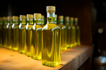 Olive oil in a glass bottle on a shelf in a store. Olive oil bottle. Olive Oil Production and Extraction Process. Ai generative illustration.