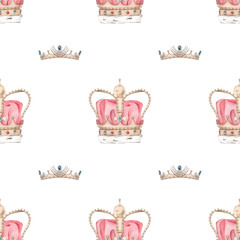Seamless pattern watercolor with hand draw illustration royal gold crown with precious stones sapphire and emerald. Coranation, king, queen. Seamless pattern, an illustration for postcards, textile.