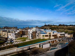 Fototapeta na wymiar Aerial view of Scottish Parliament in Edinburgh, located on the Royal Mile in the Canongate