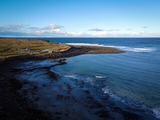 Aerial view of North Sea coast of Shetland Islands, Scotland