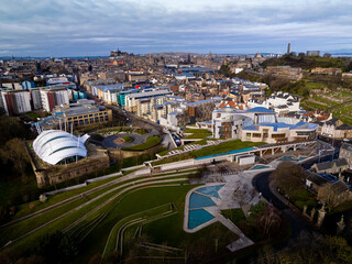 Aerial view of Scottish Parliament in Edinburgh, located on the Royal Mile in the Canongate
