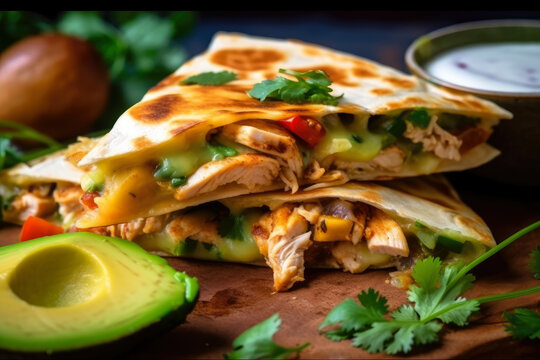 close-up shot of a crispy chicken quesadilla garnished with sliced avocado, cilantro, and jalapeno peppers, generative ai