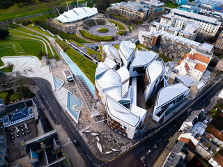 Aerial view of Scottish Parliament in Edinburgh, located on the Royal Mile in the Canongate - obrazy, fototapety, plakaty