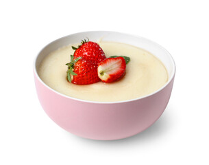 Bowl of tasty semolina porridge with strawberry on white background