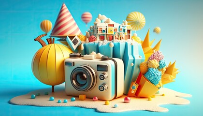 Obraz premium concept of travelling postcard with big camera and landscape in its lens