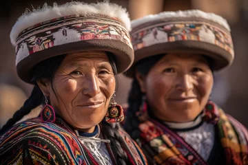 Fotobehang Two Indigenous Andean women portrait wearing their traditional clothes. Generative AI © Pajaros Volando
