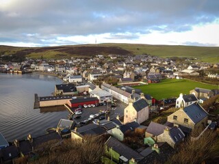 Scalloway town aerial view by winter morning, Shetland Islands, Scotland
