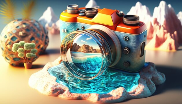concept of travelling postcard with big camera and landscape in its lens