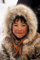 Cute Inuit boy wearing traditional winter clothes and looking at camera. Generative AI vertical shot - obrazy, fototapety, plakaty