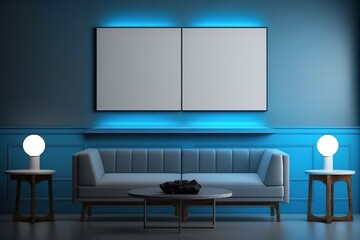 Mockup von einem symmetrischen Raum mit zwei quadratischen Bildern oder einem horizontalen Poster. Wandbild Mock up mit blauer LED Beleuchtung im Wohnzimmer mit Couch. Generativ KI  