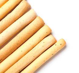 Tasty Italian Grissini on white background, closeup