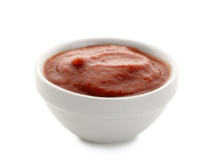 Bowl with tasty tomato paste on white background