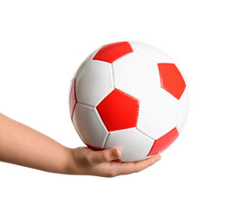 Hand with soccer ball on white background