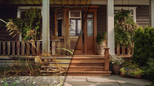 Large House Deck and Entry Before And After Cleanup and Construction - Generative AI.