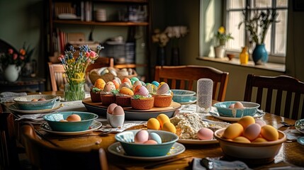 Charming Easter eggs in a basket, featuring a delightful array of colors and patterns, perfect for celebrating the season. An ortodox table a full of Easter food, eggs and saint bread.