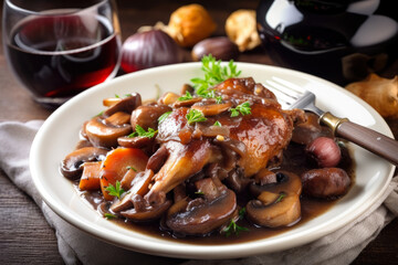 Close-up of mouth-watering Coq au Vin, a classic French dish with tender chicken cooked in red wine, mushrooms, and bacon, generative ai