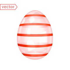 Glass Shiny Easter Egg with Red Stripes. Beautiful Easter Gift. Image of transparent glossy crystal-red egg isolated on white background. 3d decoration for easter design. 3D vector illustration