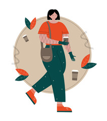 Flat vector illustration of a girl walking with a glass of coffee in fall colors