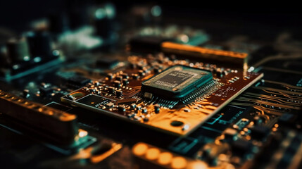 Computer Microchips and Processors on Electronic circuit board. Abstract technology microelectronics concept background. Macro shot, shallow focus Generative AI