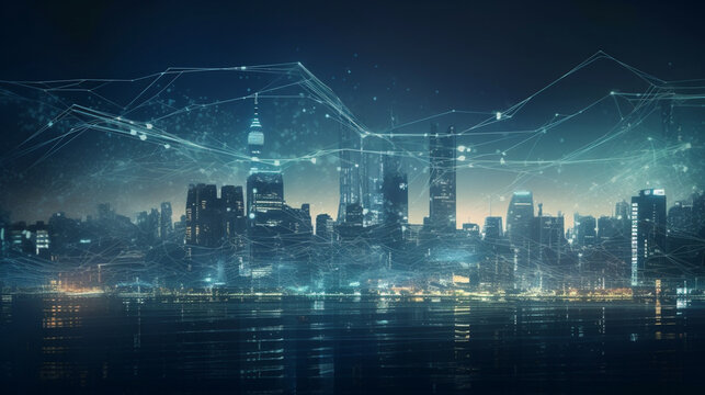 Big data transmission technology concept with digital blue wavy wires on night city skyline background, double exposure Generative AI