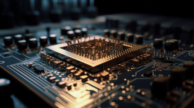 Computer Microchips and Processors on Electronic circuit board. Abstract technology microelectronics concept background. Macro shot, shallow focus Generative AI
