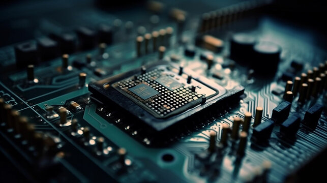 Computer Microchips and Processors on Electronic circuit board. Abstract technology microelectronics concept background. Macro shot, shallow focus Generative AI