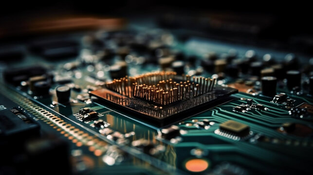 Computer Microchips and Processors on Electronic circuit board. Abstract technology microelectronics concept background. Macro shot, shallow focus Generative AI