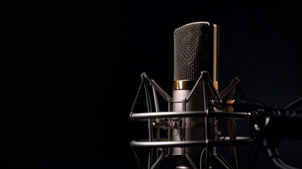 professional sound recording microphone on black background. banner with copy space Generative AI - obrazy, fototapety, plakaty