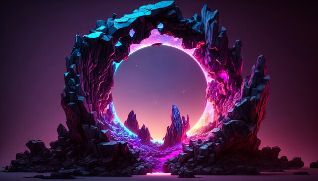 Abstract portal cosmic light, landscape round in the dark space (AI Generated)