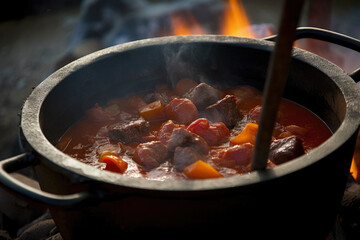 Close-up of Goulash being prepared in a traditional cast-iron pot over an open flame, with smoke rising", generative ai