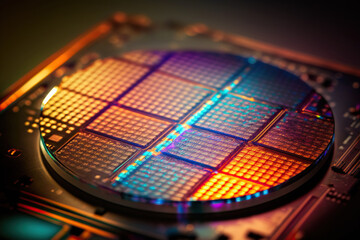 Close-up shot of silicon wafer in bright light, created with Generative AI technology - obrazy, fototapety, plakaty