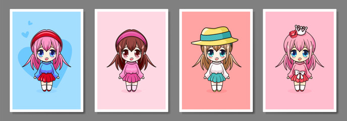 Set of posters with cute anime chibi girls.