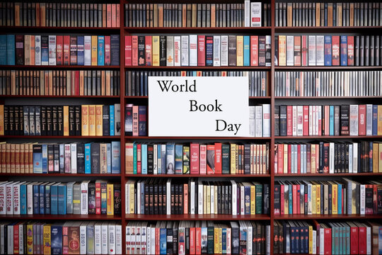 Large and loaded book case with a placard stating World Book Day generative AI illustration