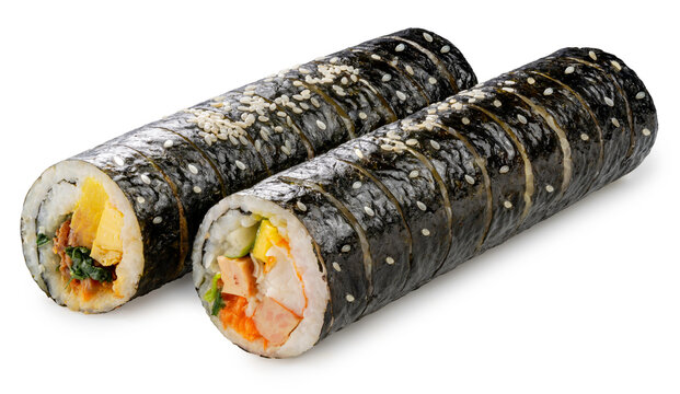 Korean Sushi Rolls or Kimbap is a popular Korean dish isolated on white background, California Maki,  Steamed rice wrapped in seaweed with shrimp eggs meat and vegetable on White With work path.