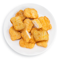 Fried chicken nugget on white plate isolated on white background, Fried nugget on white With clipping path.