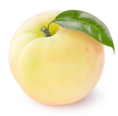 Yellow and Pink Peach fruit with leaf isolated on white background, Fresh White Peach on White Background With clipping path.