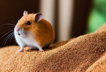 cute little ginger hamster sits on sawdust, generative AI
