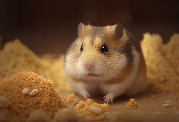 cute little ginger hamster sits on sawdust, generative AI