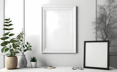 Obraz na płótnie Canvas Blank picture frame mockup on white wall. White living room design. View of modern scandinavian style interior with chair. Home staging and minimalism concept